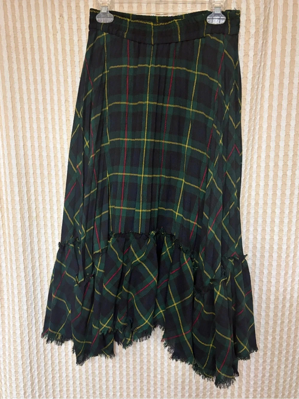 Plaid Green Asymmetric Maxi pleated Skirt